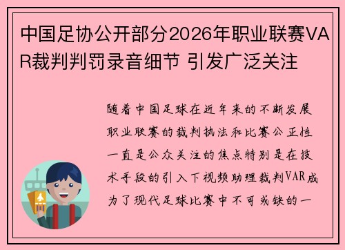 中国足协公开部分2026年职业联赛VAR裁判判罚录音细节 引发广泛关注